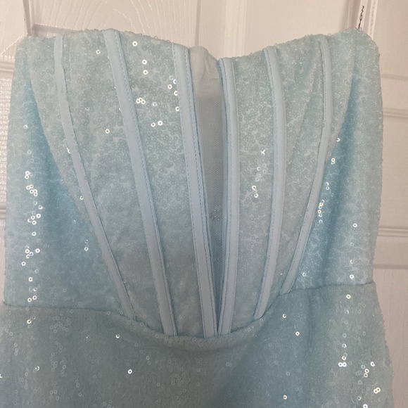 Light Blue Sequin Strapless Dress - Picture 2 of 3